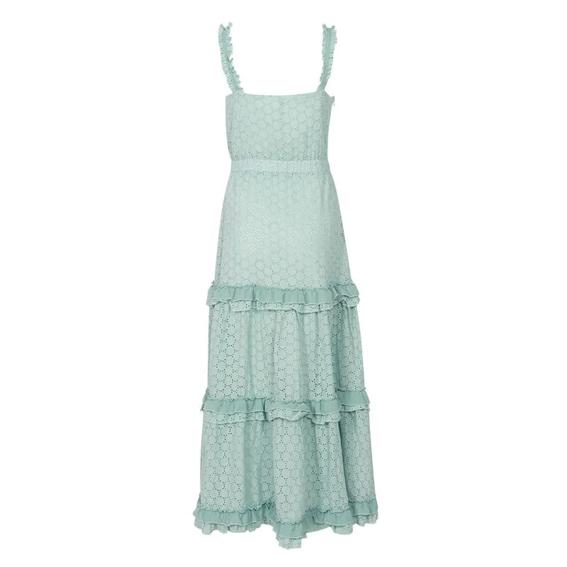 Hollow Lace Ruffle Stitching Strap Bodycon Evening Maxi Dresses