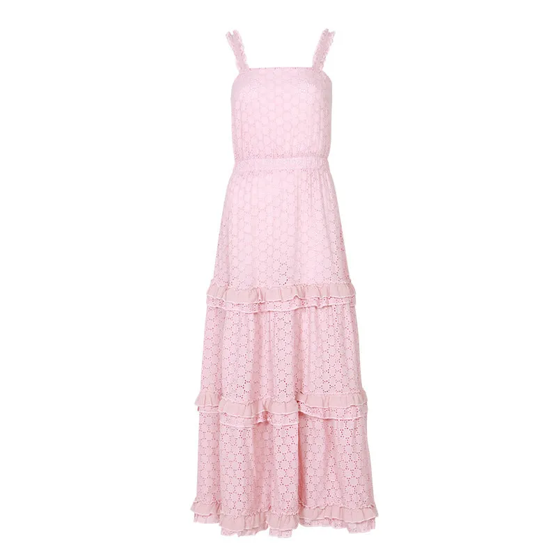 Hollow Lace Ruffle Stitching Strap Bodycon Evening Maxi Dresses