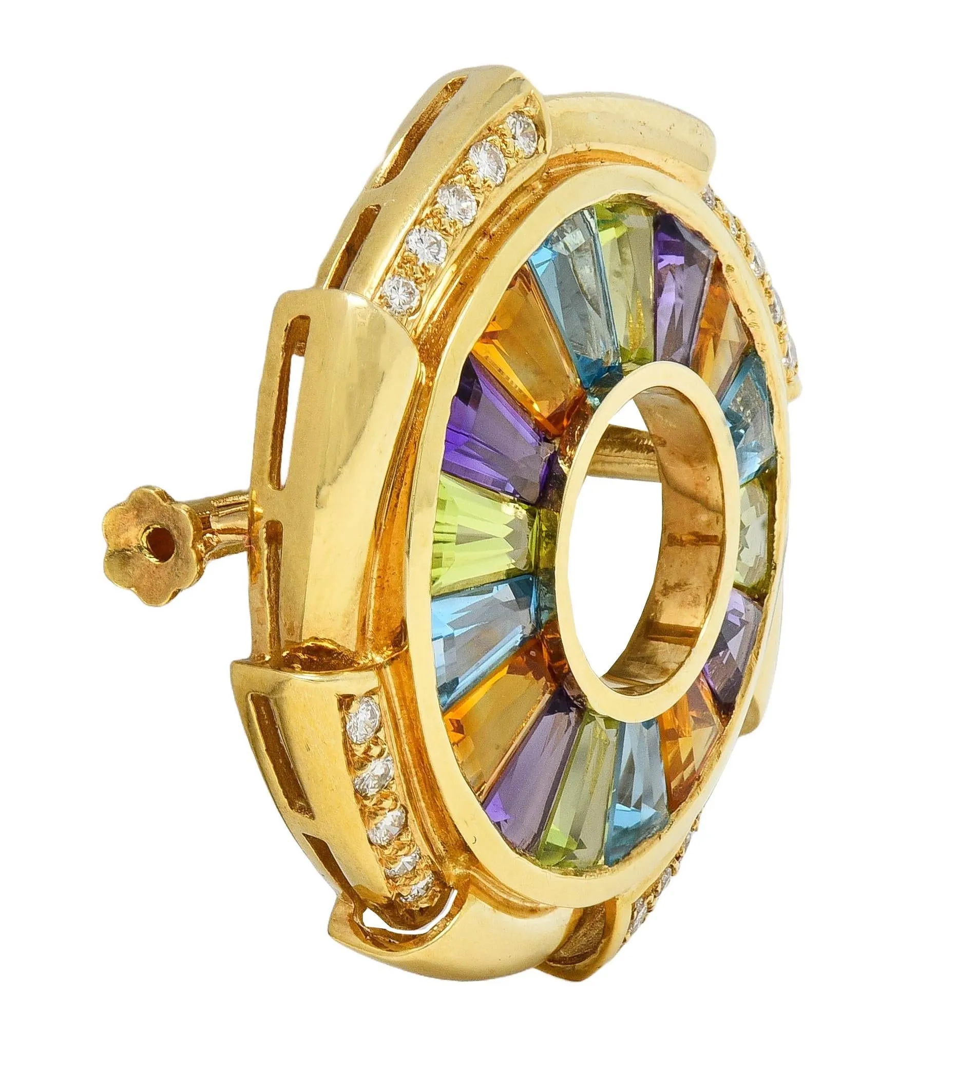 H.Stern 1980's Diamond Multi-Gem 18 Karat Yellow Gold Rainbow Pinwheel Vintage Pendant Brooch