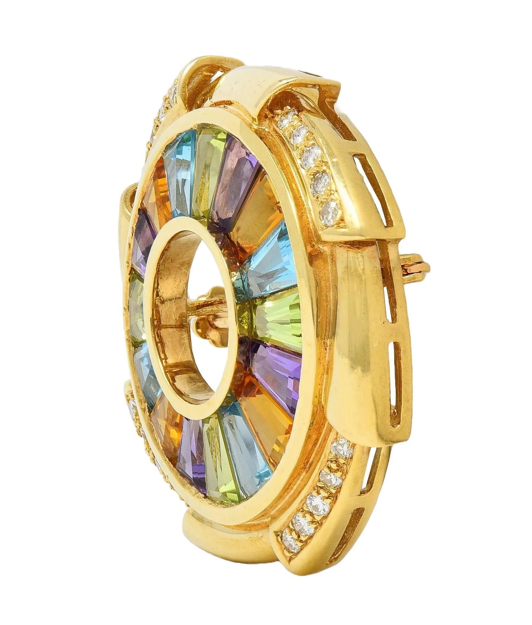 H.Stern 1980's Diamond Multi-Gem 18 Karat Yellow Gold Rainbow Pinwheel Vintage Pendant Brooch