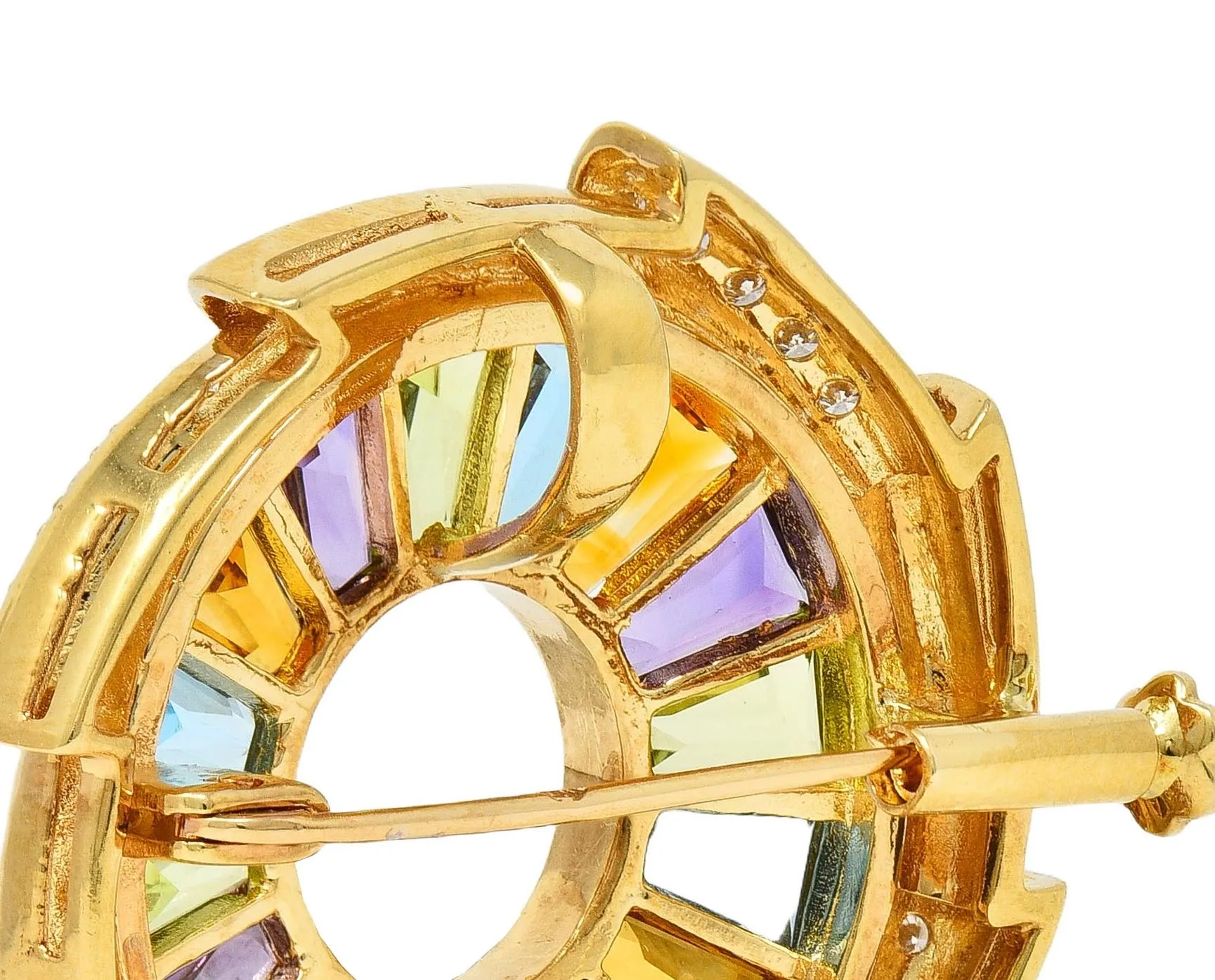 H.Stern 1980's Diamond Multi-Gem 18 Karat Yellow Gold Rainbow Pinwheel Vintage Pendant Brooch