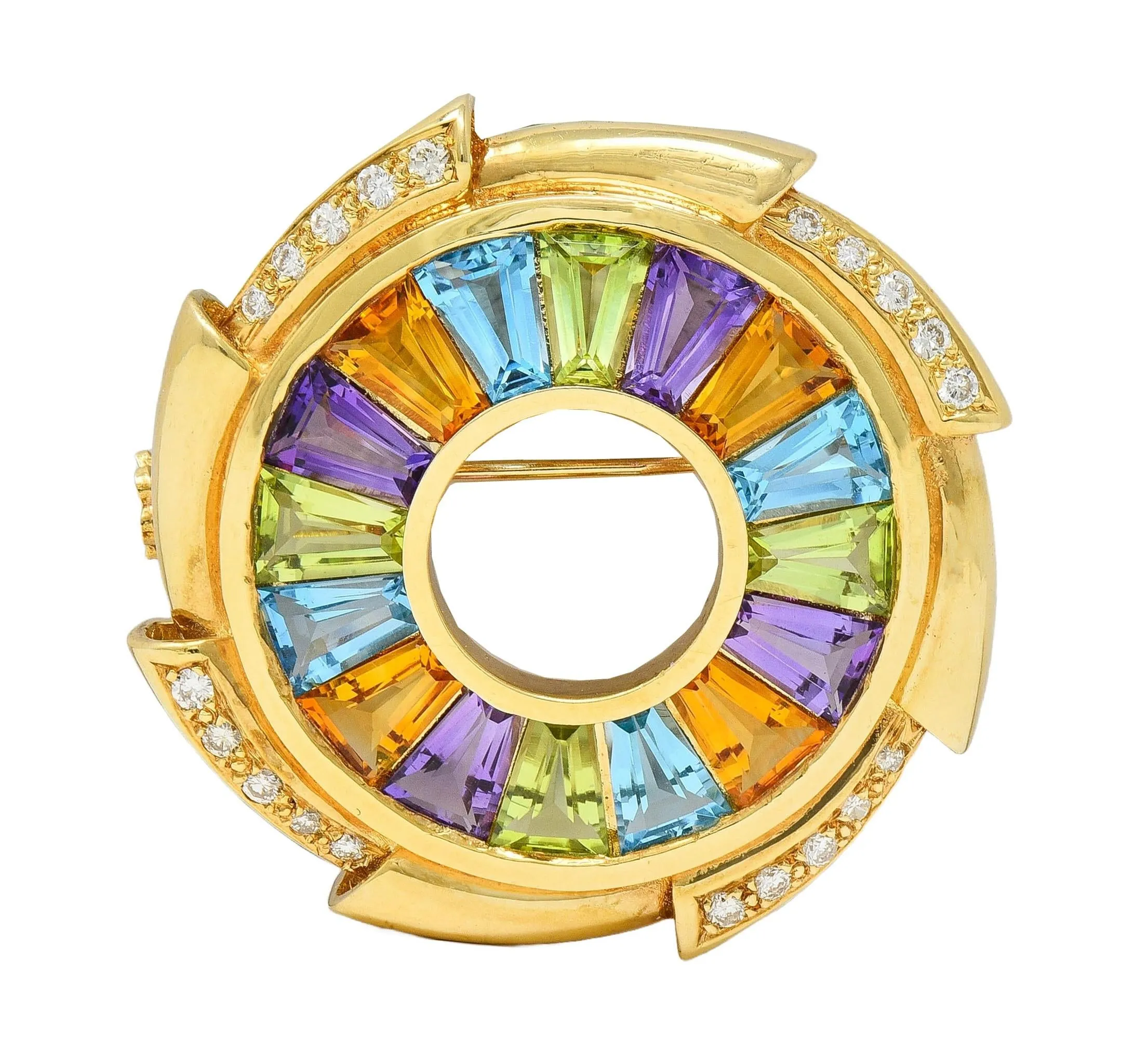H.Stern 1980's Diamond Multi-Gem 18 Karat Yellow Gold Rainbow Pinwheel Vintage Pendant Brooch