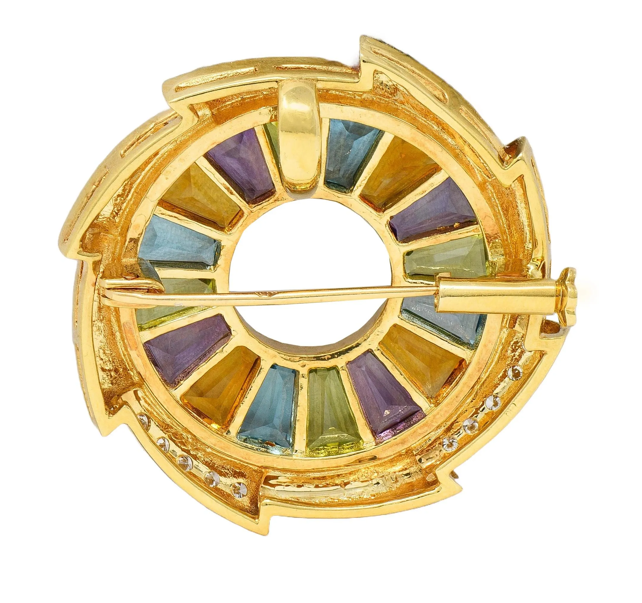 H.Stern 1980's Diamond Multi-Gem 18 Karat Yellow Gold Rainbow Pinwheel Vintage Pendant Brooch