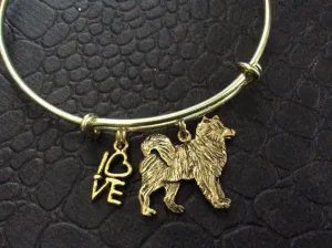 Husky Dog Charm on a Gold Expandable Bracelet Adjustable Wire Bangle Handmade in America Dog Lover Gift