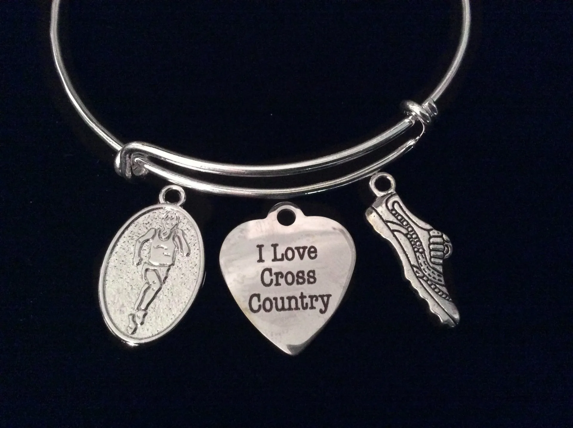 I Love Cross Country Runner Silver Expandable Charm Bracelet Adjustable Wire Bangle Finish Line Gift Trendy