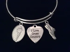 I Love Cross Country Runner Silver Expandable Charm Bracelet Adjustable Wire Bangle Finish Line Gift Trendy