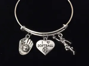 I Love Softball Expandable Charm Bracelet Silver Adjustable Bangle Sports Team Gift Softball Catcher Player