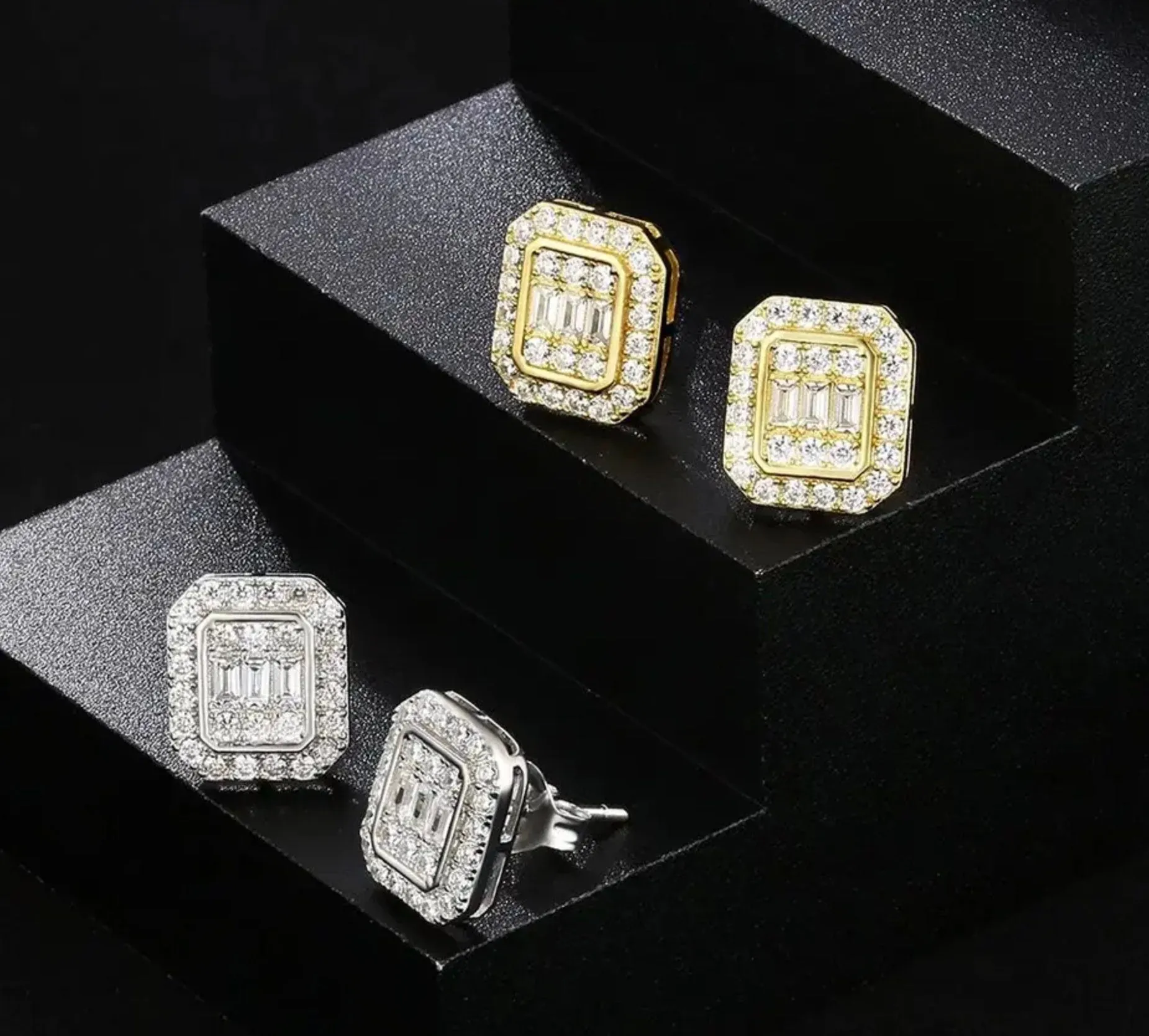 Iced Out Earrings | Diamond Earrings | Baguette Ear Studs | Diamond Ear Studs | Womens Stud Earrings | Mens Diamond Ear Studs | Iced Studs