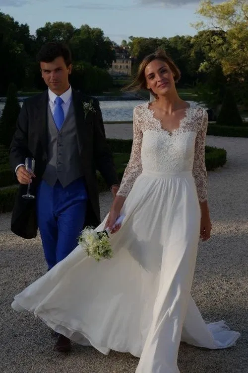 Illusion Lace Boho Bride Summer Wedding Dresses with Chiffon Skirt