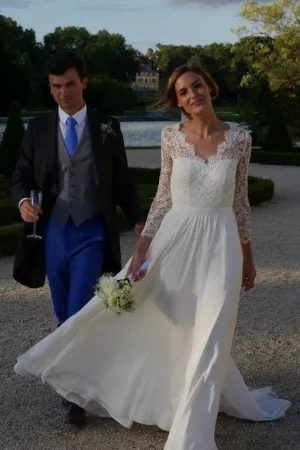 Illusion Lace Boho Bride Summer Wedding Dresses with Chiffon Skirt