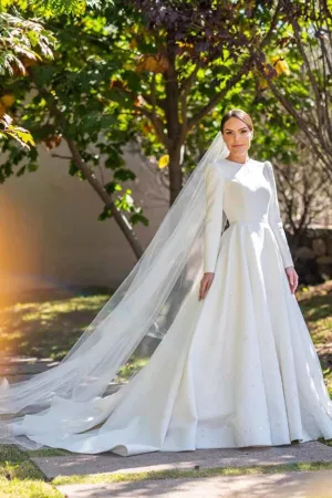 Ivory Satin A-line Long Sleeves Embroidery Modest Wedding Dresses, MW835