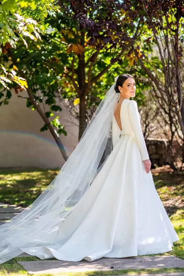 Ivory Satin A-line Long Sleeves Embroidery Modest Wedding Dresses, MW835