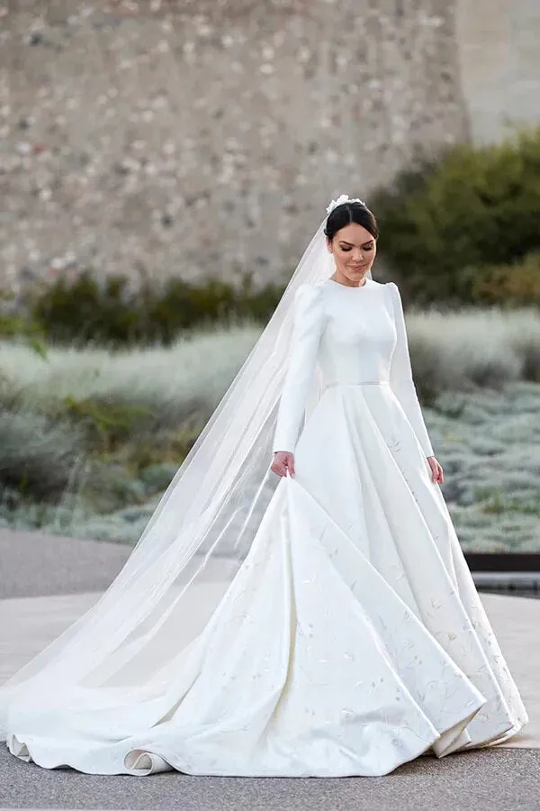 Ivory Satin A-line Long Sleeves Embroidery Modest Wedding Dresses, MW835
