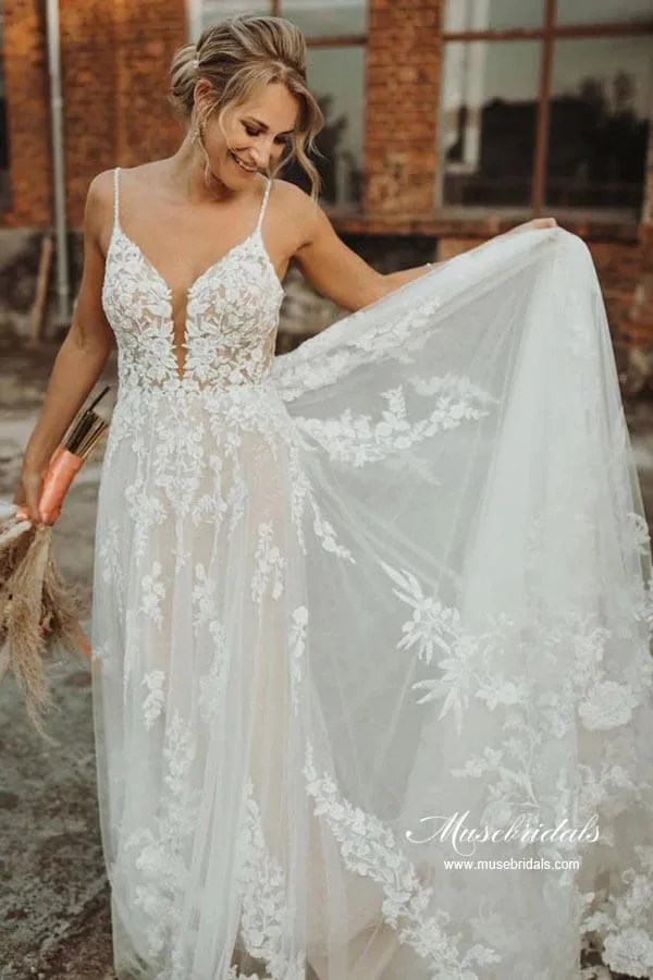 Ivory Tulle A-line V-neck Lace Appliques Wedding Dress, Bridal Gown, MW869