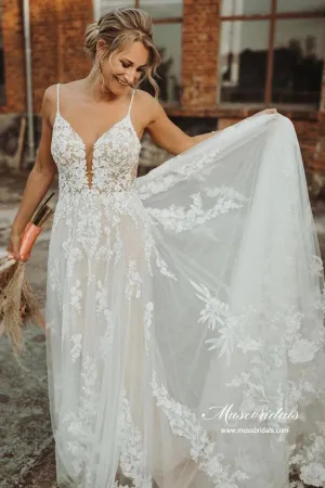 Ivory Tulle A-line V-neck Lace Appliques Wedding Dress, Bridal Gown, MW869