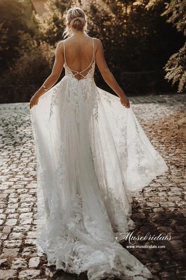 Ivory Tulle A-line V-neck Lace Appliques Wedding Dress, Bridal Gown, MW869