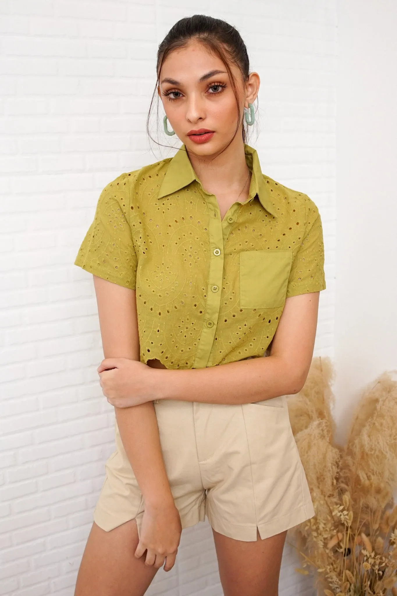 JANE Cropped Button-Down Eyelet Top (Apple Green)
