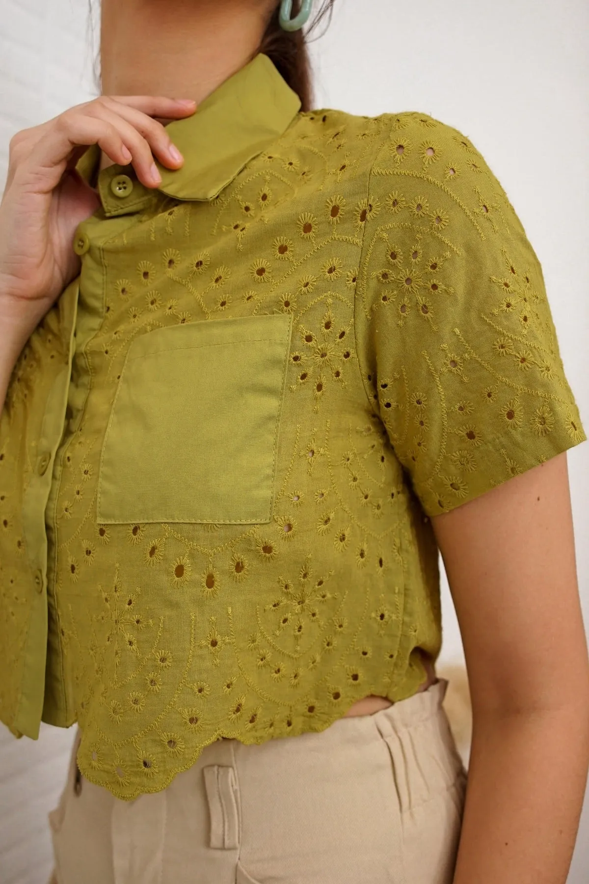 JANE Cropped Button-Down Eyelet Top (Apple Green)