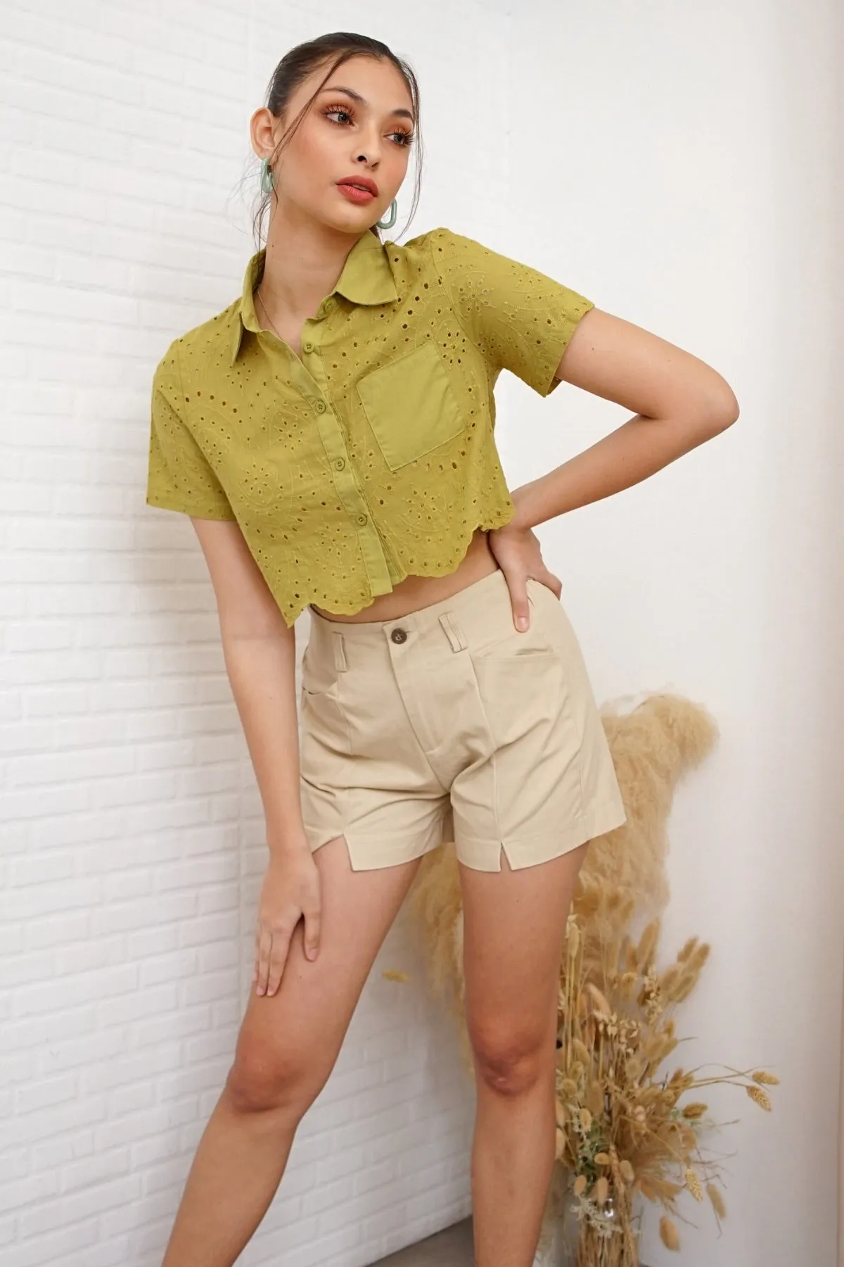 JANE Cropped Button-Down Eyelet Top (Apple Green)