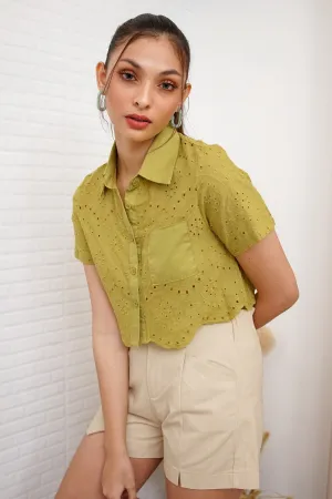 JANE Cropped Button-Down Eyelet Top (Apple Green)