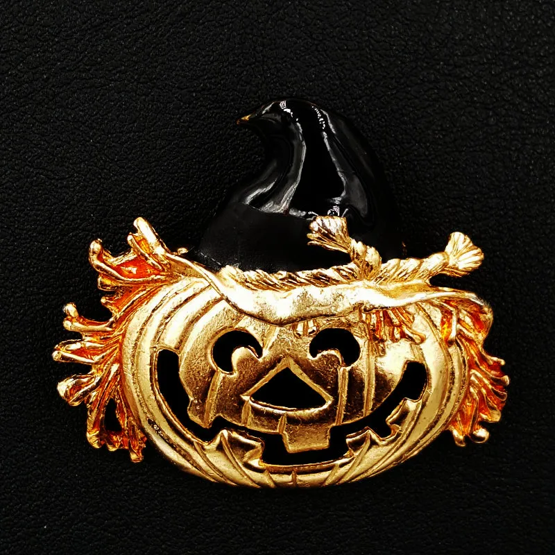 JJ Halloween Pumpkin Vintage Brooch or Jack O Lantern with Witches Hat