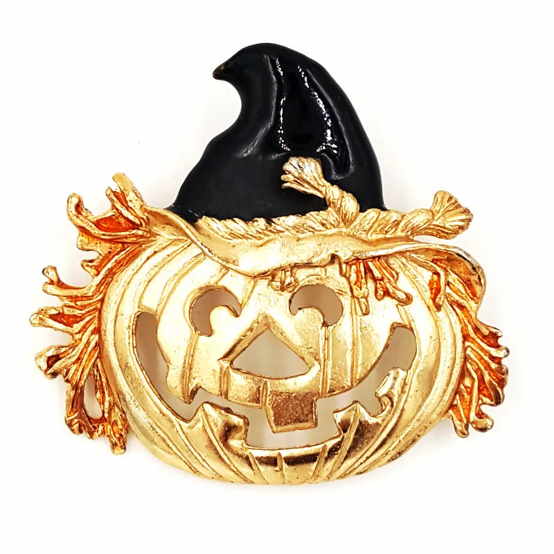 JJ Halloween Pumpkin Vintage Brooch or Jack O Lantern with Witches Hat