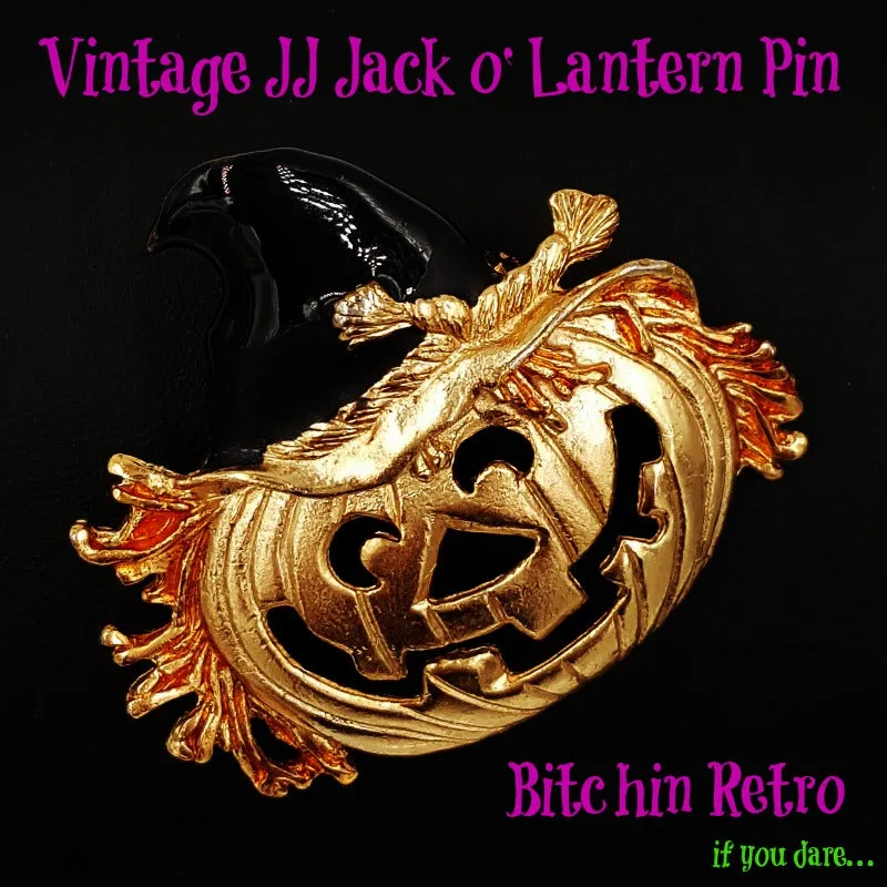 JJ Halloween Pumpkin Vintage Brooch or Jack O Lantern with Witches Hat