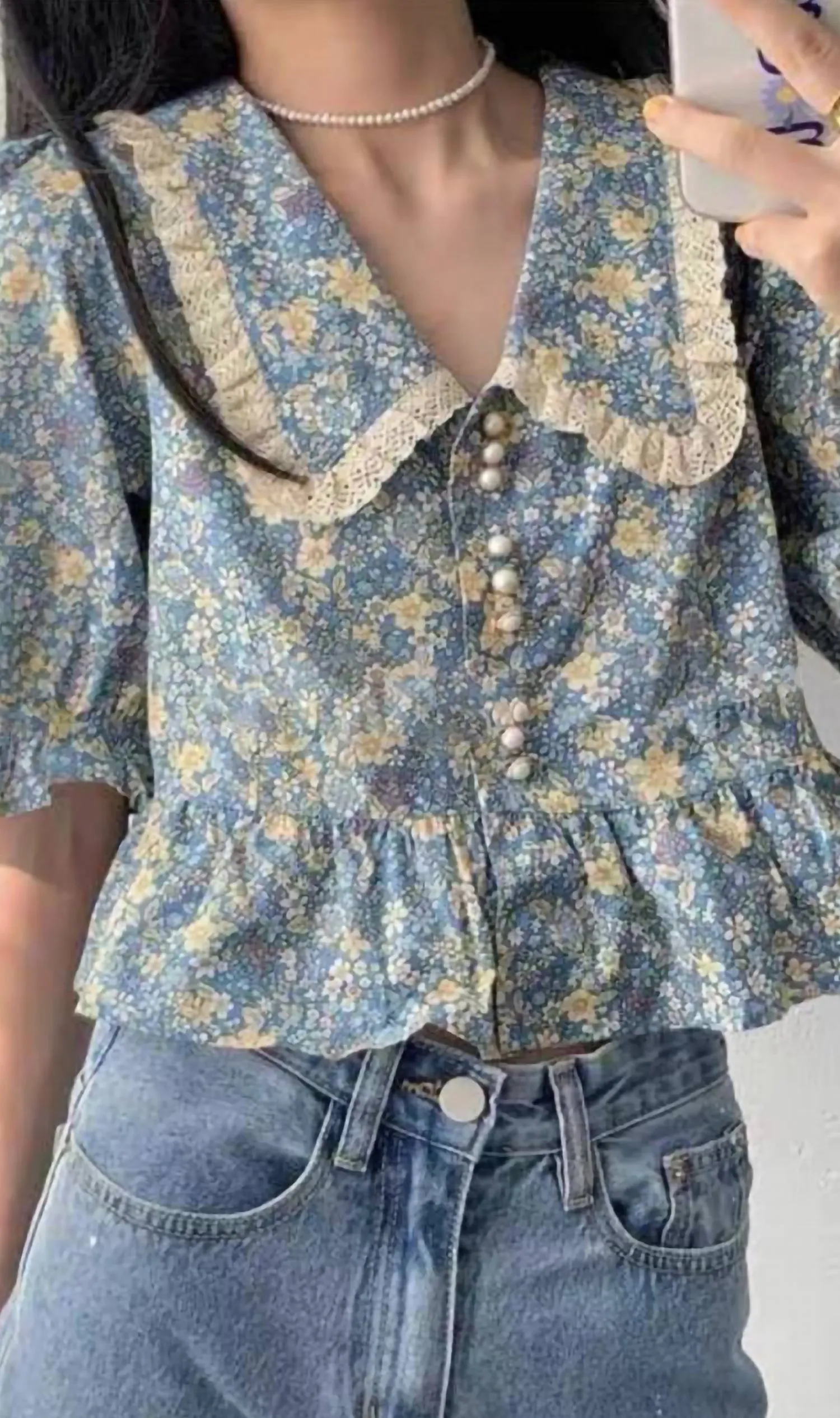 JOLENE Collared Floral Prairie Top (Blue)