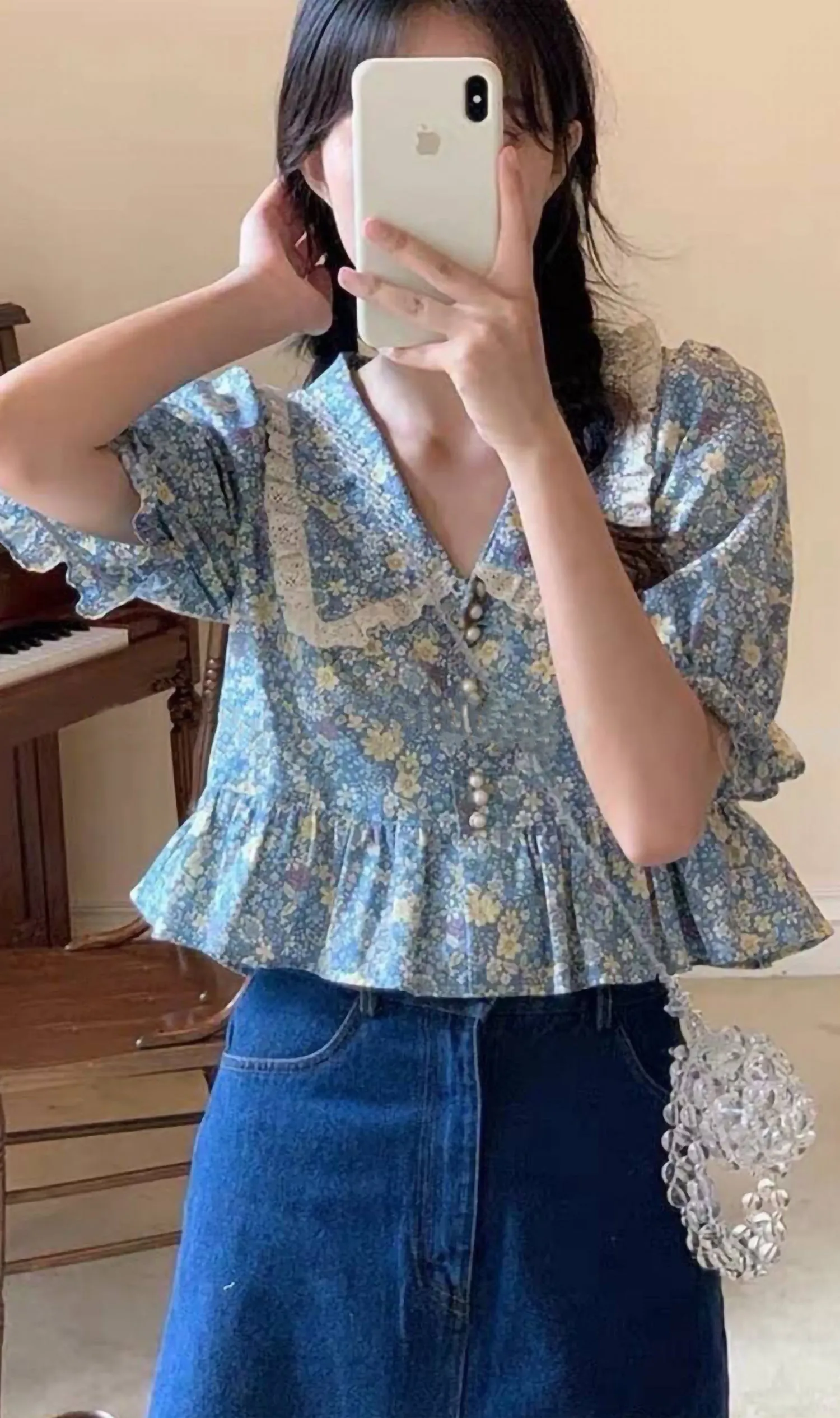 JOLENE Collared Floral Prairie Top (Blue)
