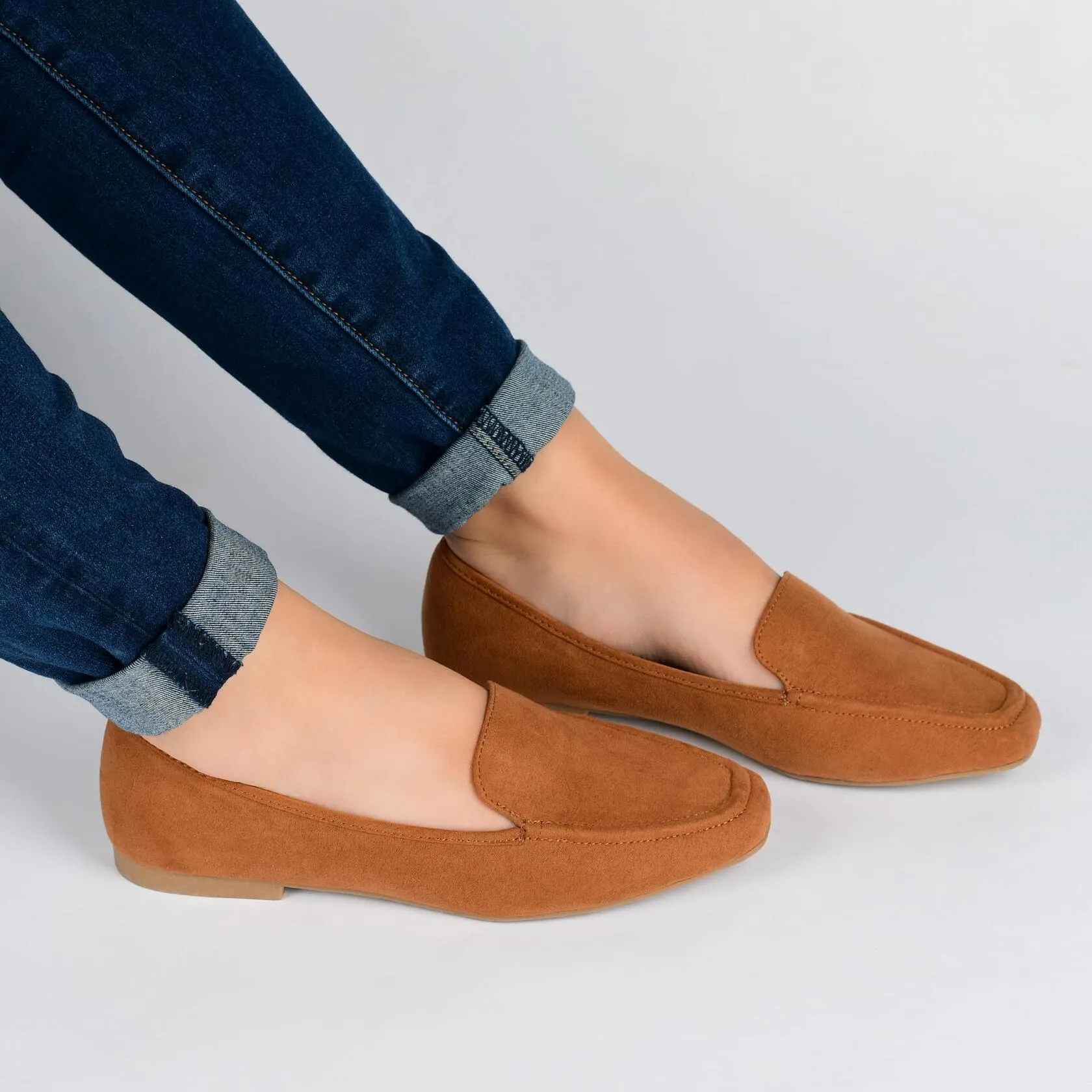 Journee Collection Women's Suede Loafer Flat Square Toe Noticed Topline Padded