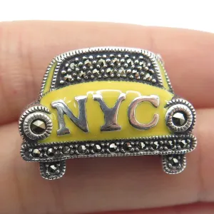 JUDITH JACK Sterling Silver Vintage Enamel Marcasite NYC Yellow Taxi Pin Brooch