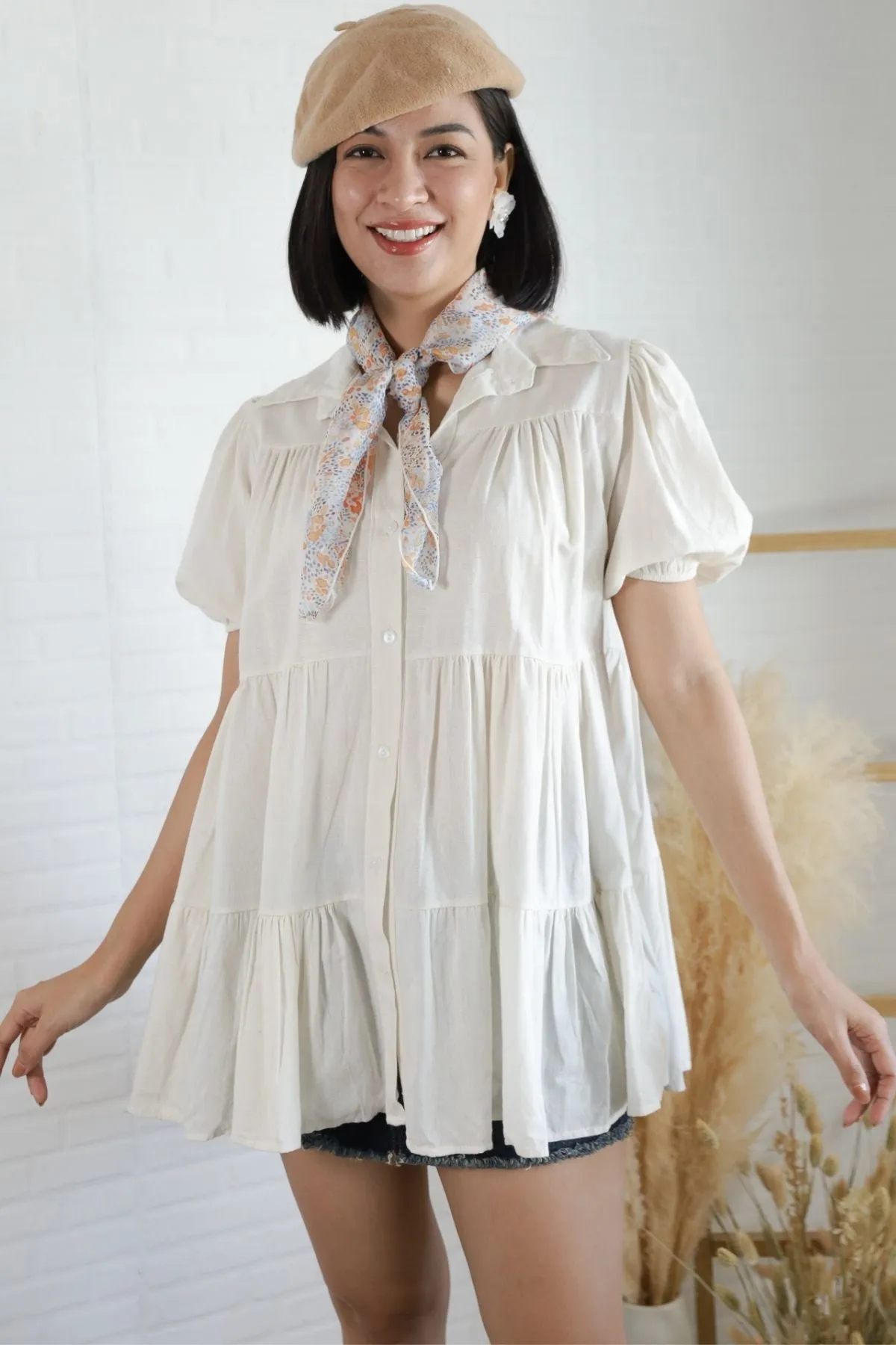 JULES Button-down Tiered Mini Dress (Off White)