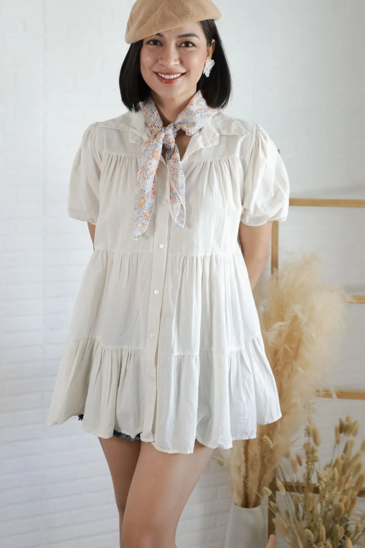 JULES Button-down Tiered Mini Dress (Off White)