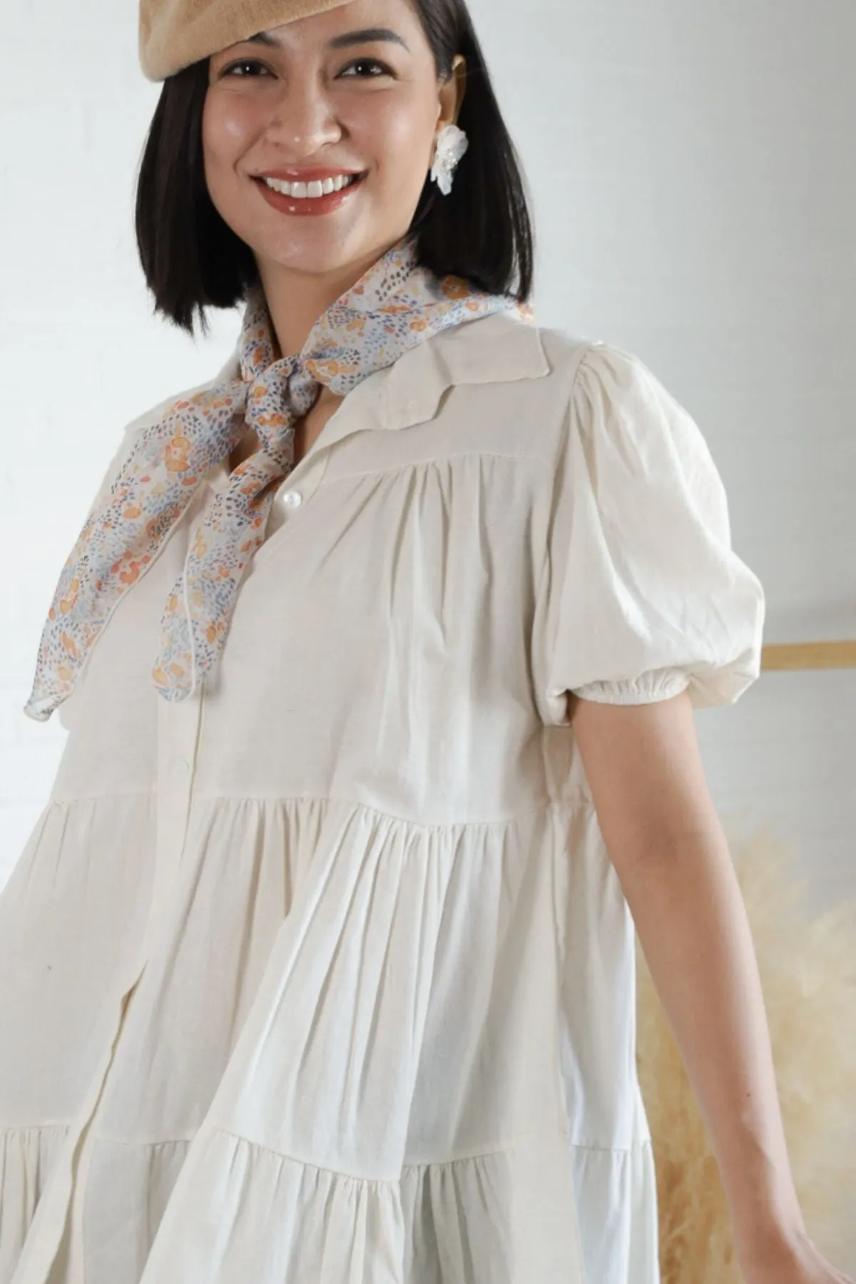 JULES Button-down Tiered Mini Dress (Off White)