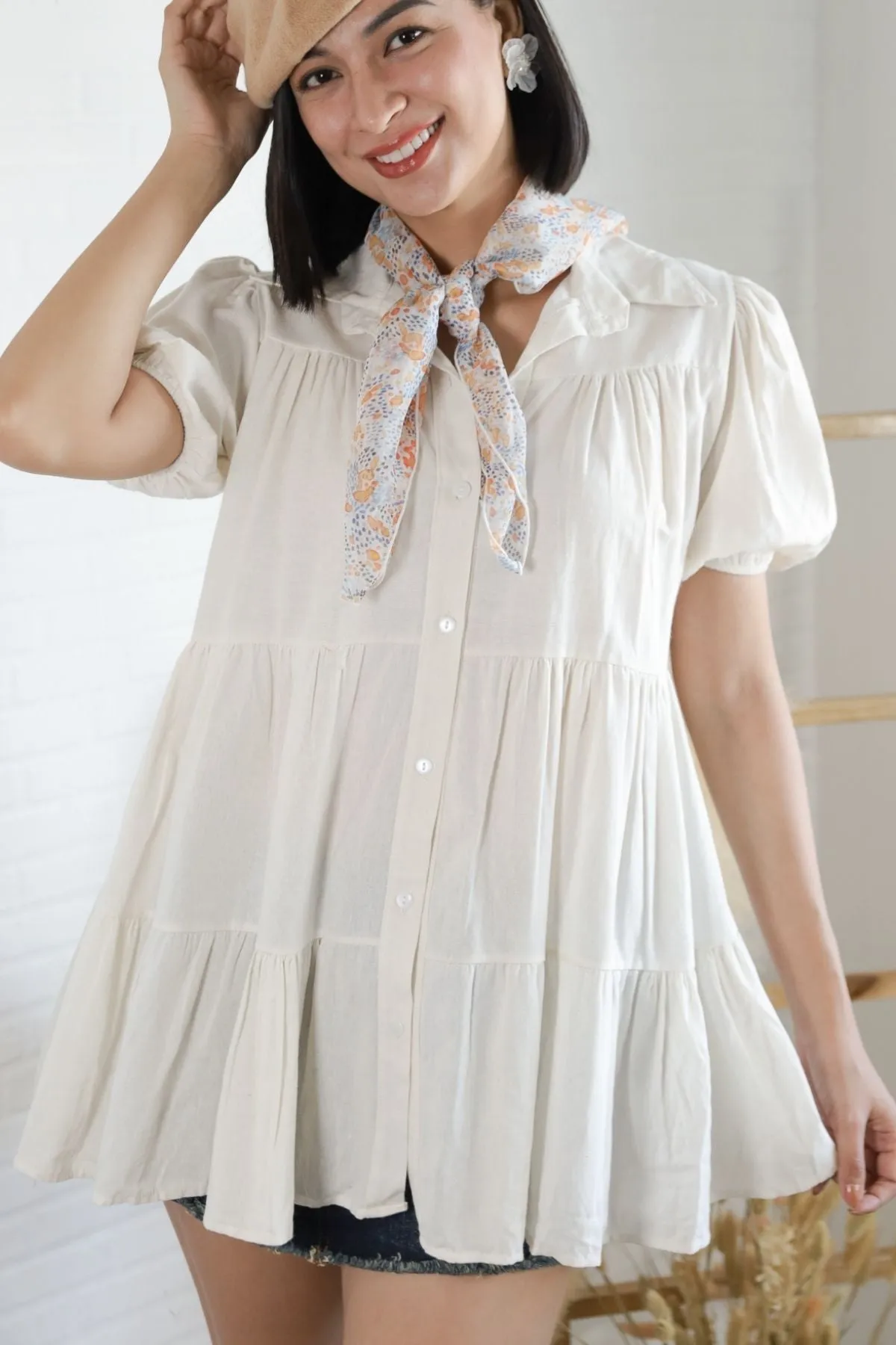 JULES Button-down Tiered Mini Dress (Off White)