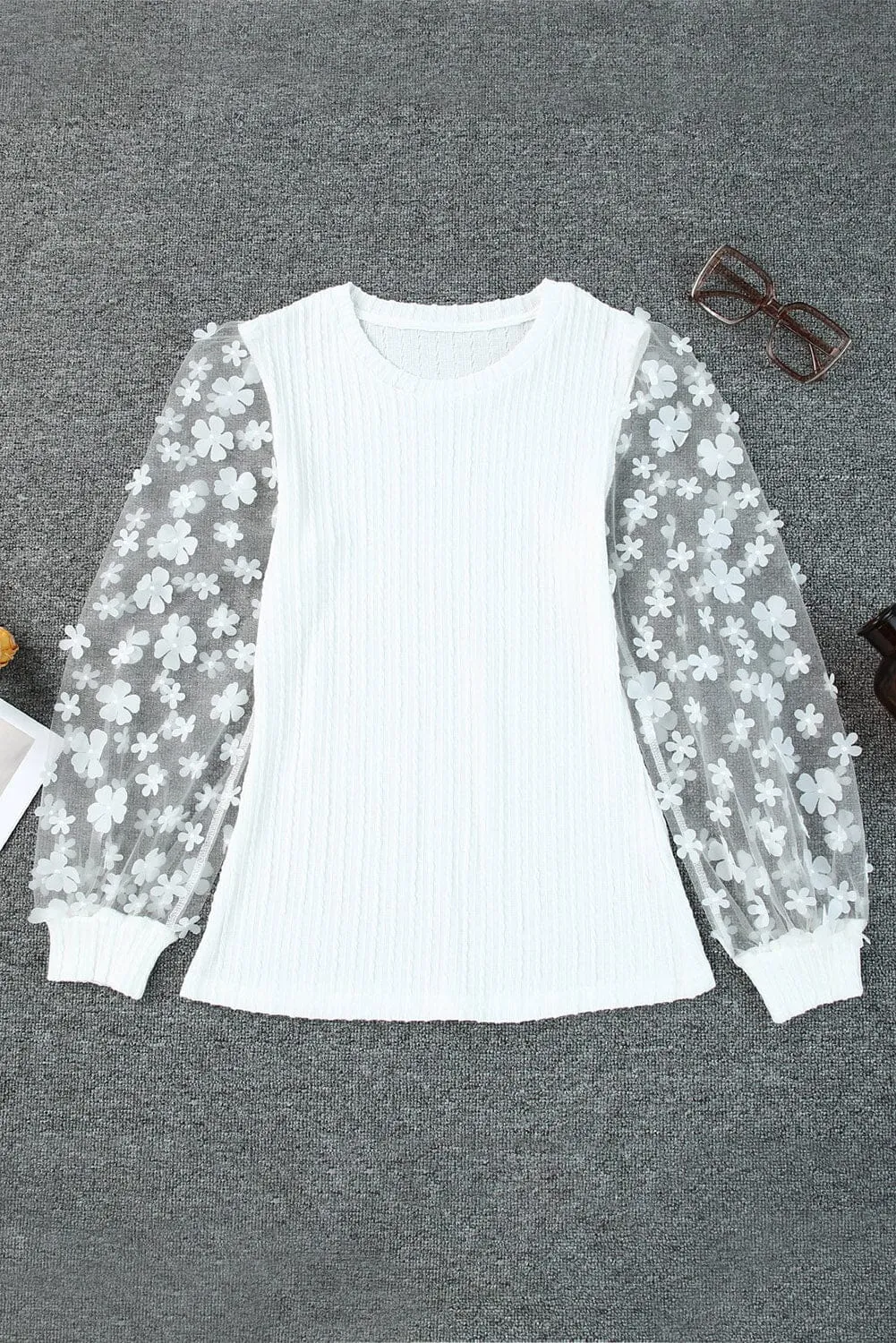 KaleaBoutique Floral Applique Mesh Sleeves Textured Knit Blouse