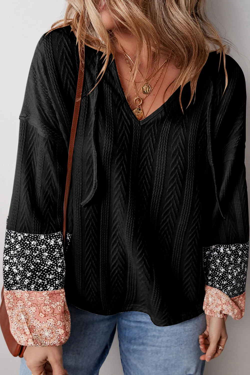 KaleaBoutique Floral Patchwork Textured Knit Drawstring V Neck Blouse
