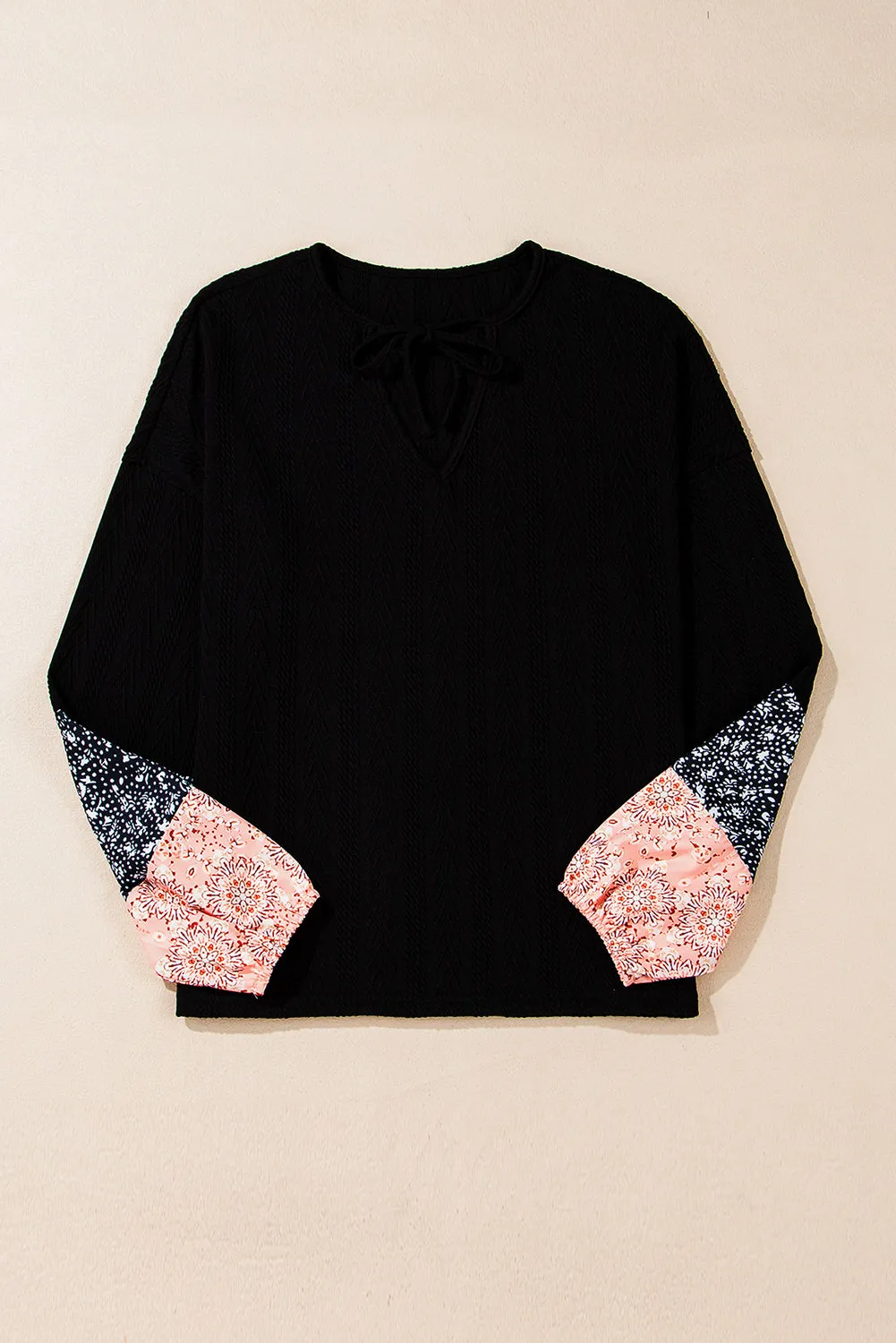 KaleaBoutique Floral Patchwork Textured Knit Drawstring V Neck Blouse