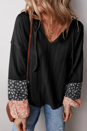 KaleaBoutique Floral Patchwork Textured Knit Drawstring V Neck Blouse