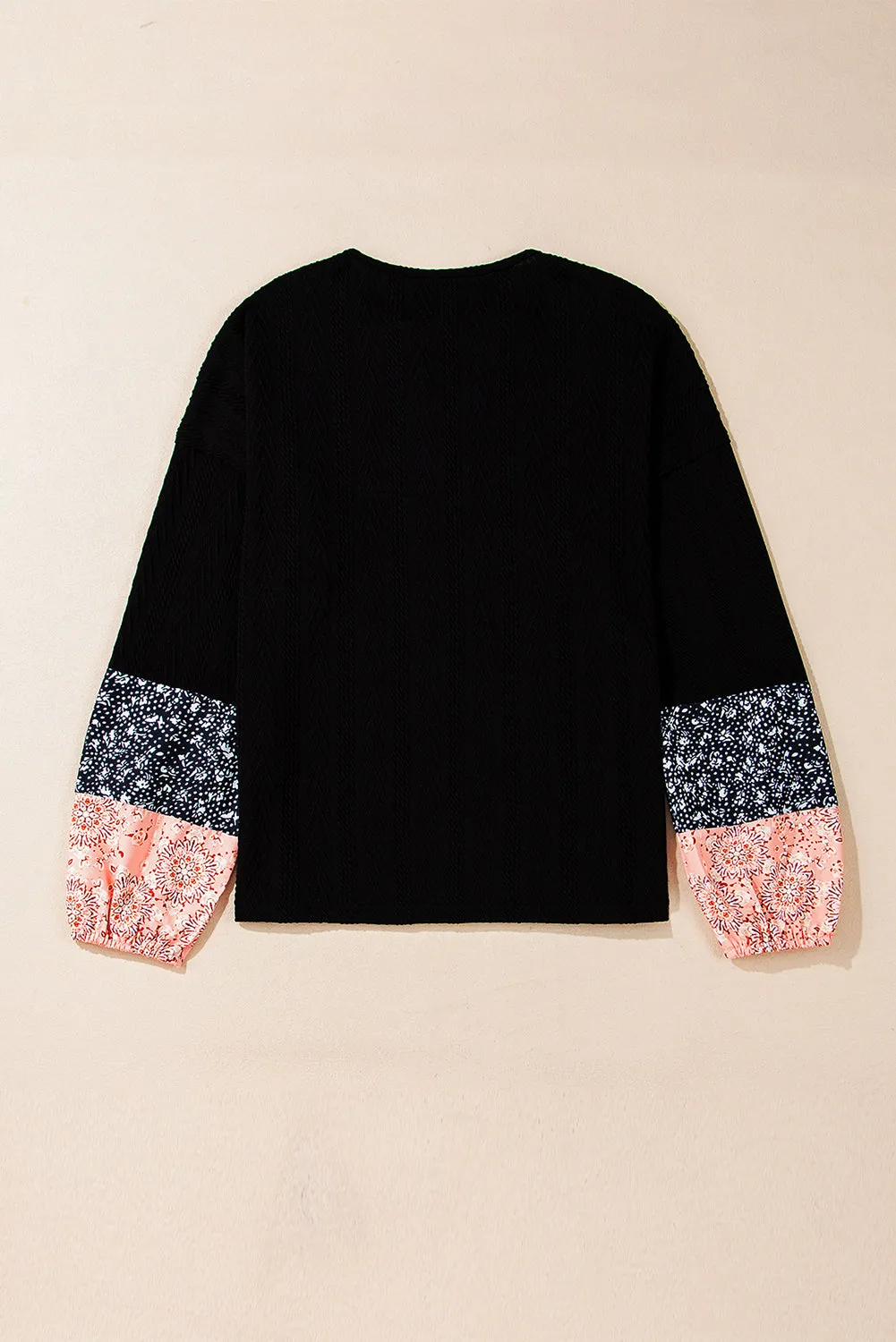 KaleaBoutique Floral Patchwork Textured Knit Drawstring V Neck Blouse