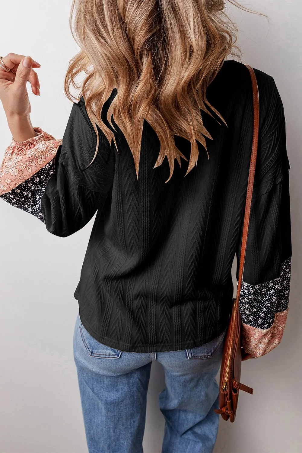 KaleaBoutique Floral Patchwork Textured Knit Drawstring V Neck Blouse