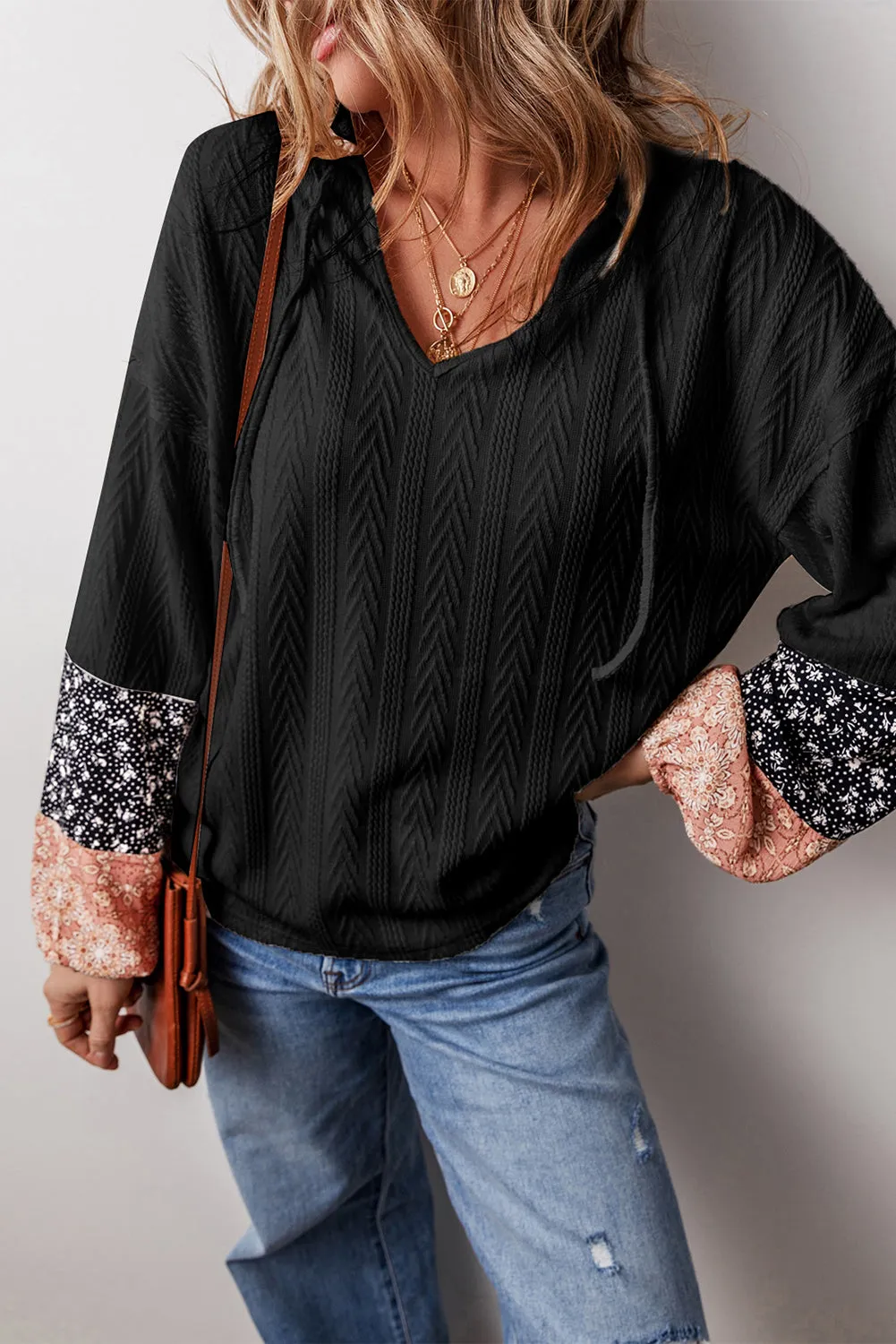 KaleaBoutique Floral Patchwork Textured Knit Drawstring V Neck Blouse