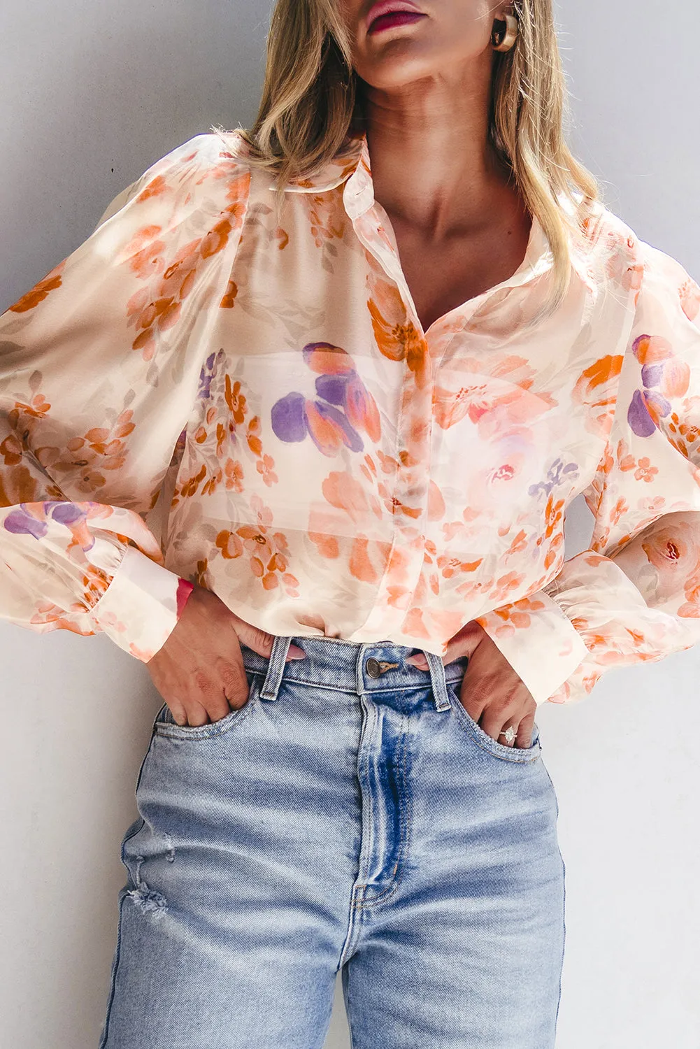 KaleaBoutique Floral Print Collared Balloon Sleeve Loose Shirt