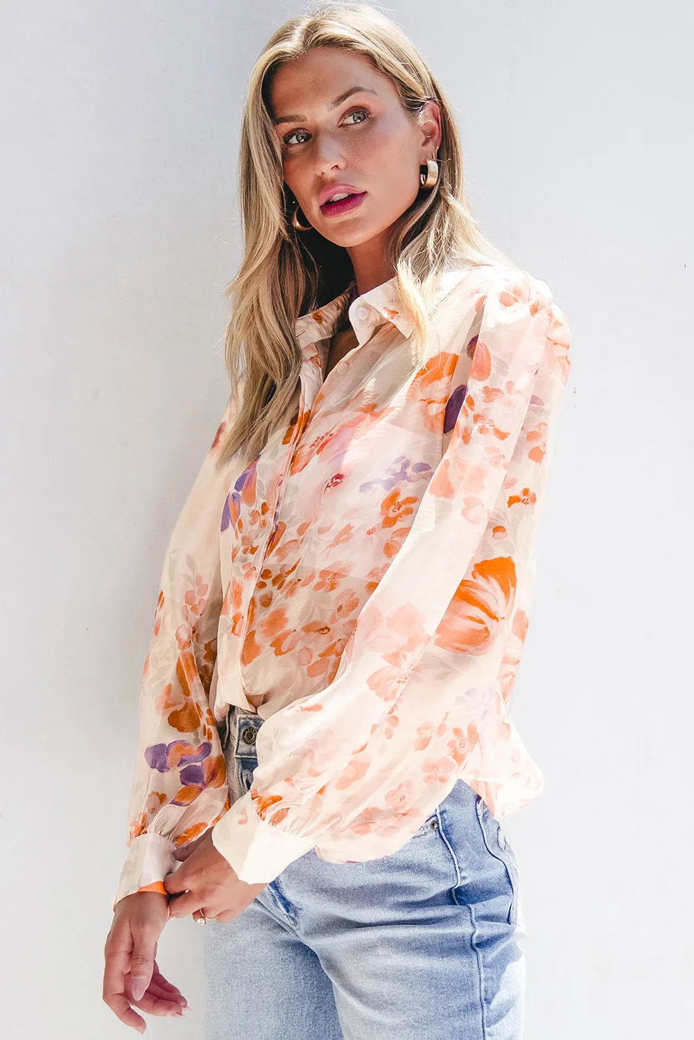 KaleaBoutique Floral Print Collared Balloon Sleeve Loose Shirt