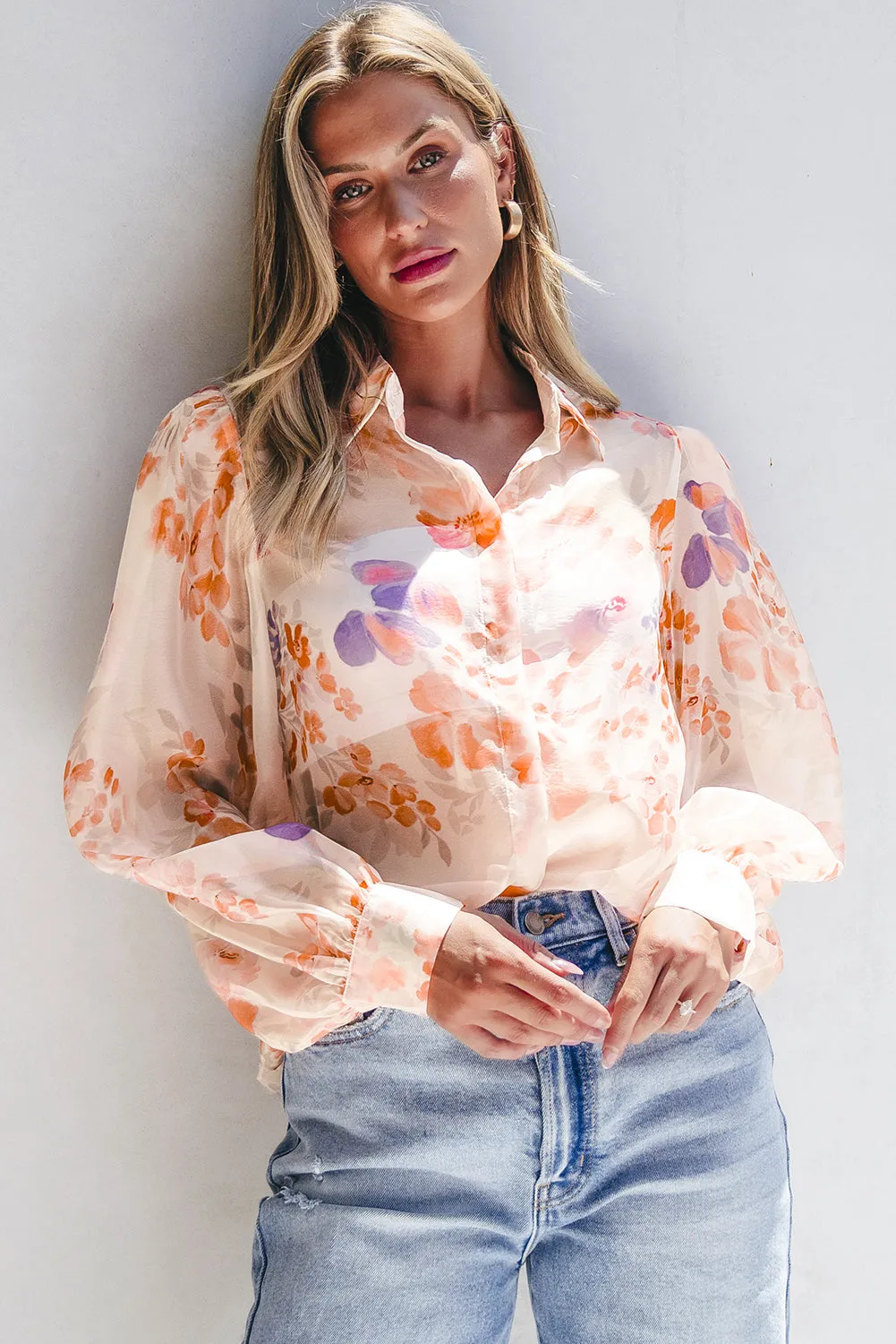 KaleaBoutique Floral Print Collared Balloon Sleeve Loose Shirt
