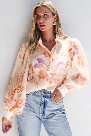 KaleaBoutique Floral Print Collared Balloon Sleeve Loose Shirt