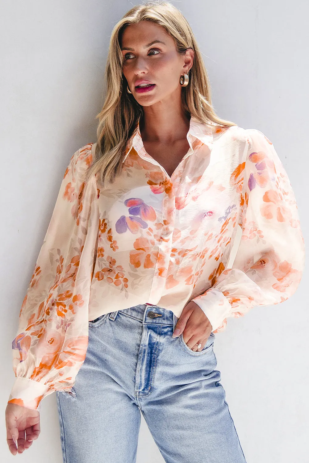 KaleaBoutique Floral Print Collared Balloon Sleeve Loose Shirt
