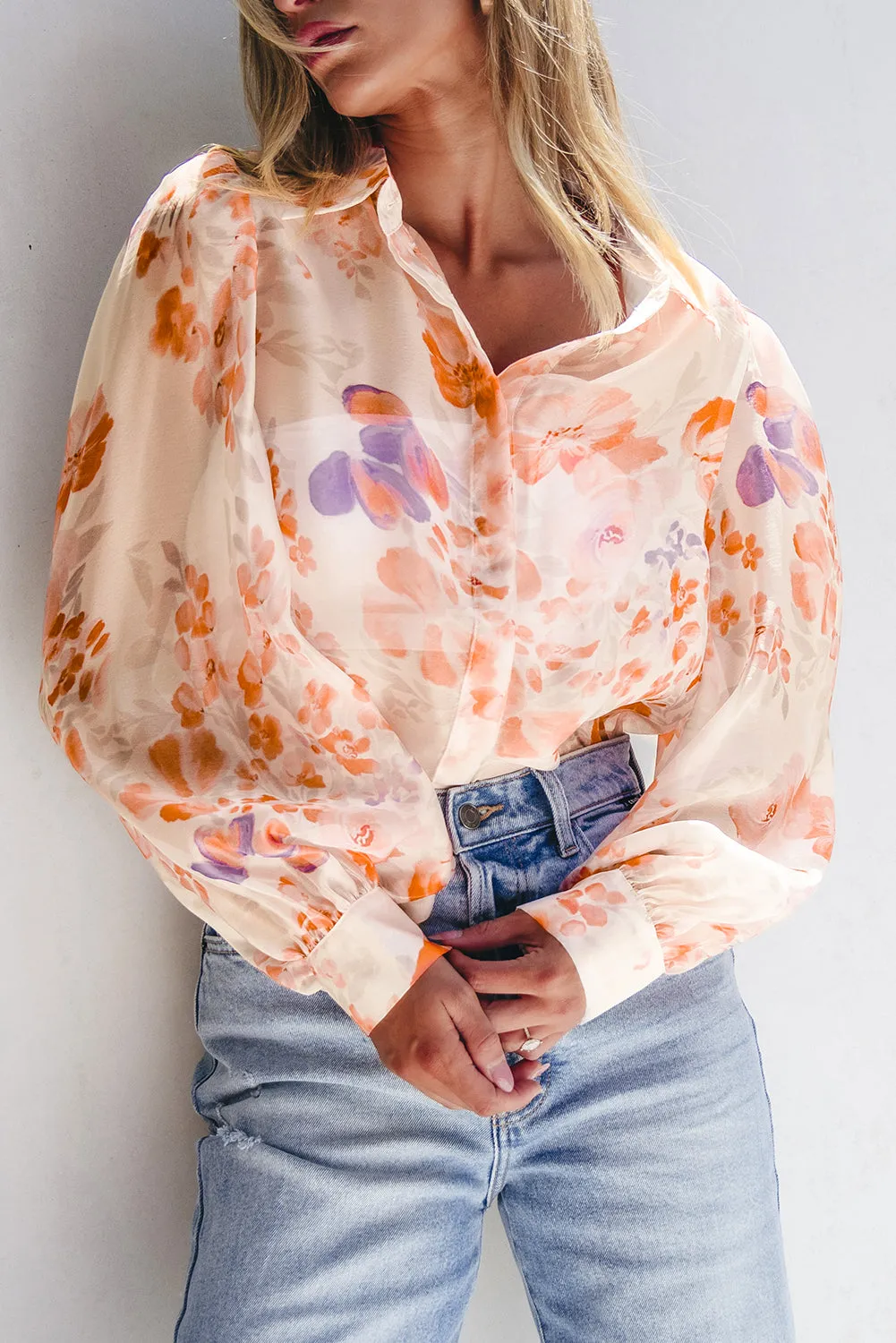 KaleaBoutique Floral Print Collared Balloon Sleeve Loose Shirt