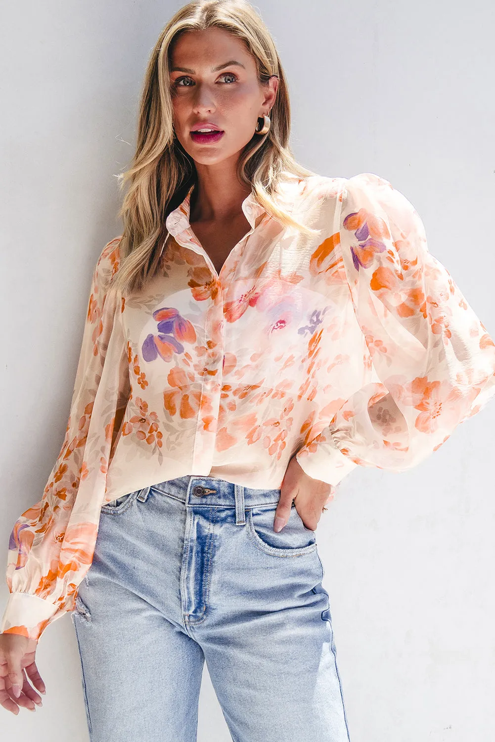 KaleaBoutique Floral Print Collared Balloon Sleeve Loose Shirt