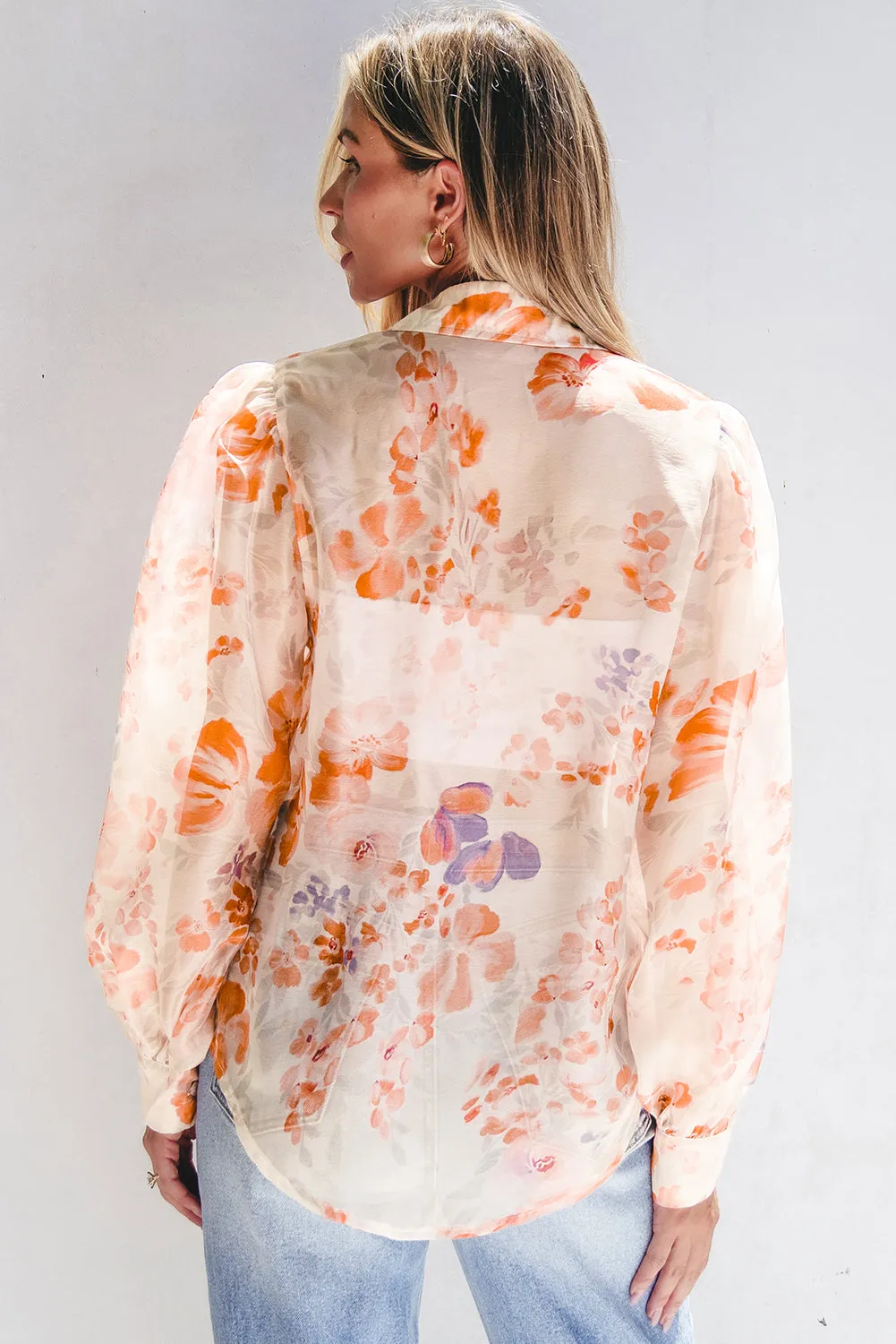 KaleaBoutique Floral Print Collared Balloon Sleeve Loose Shirt